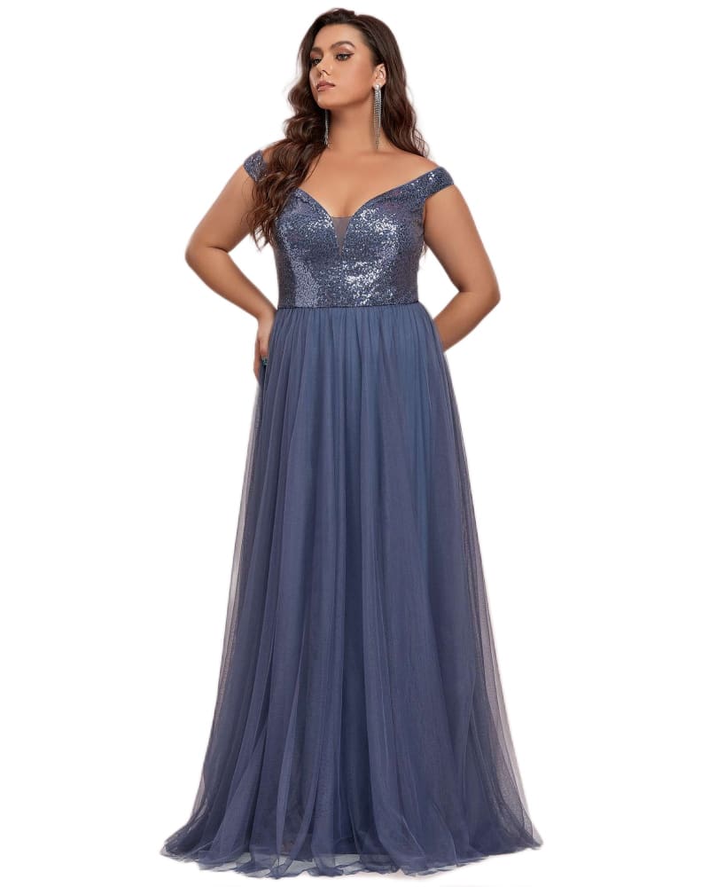 Front of a model wearing a size 10 Sequin Off the Shoulder Maxi Tulle Evening Dress in Dusty Navy by Ever-Pretty. | dia_product_style_image_id:302618